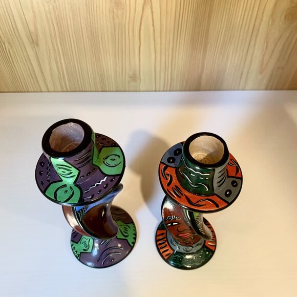 Set of 2 Hand Painted Carved Soapstone Taper Candle Holders - Picture 5 of 8